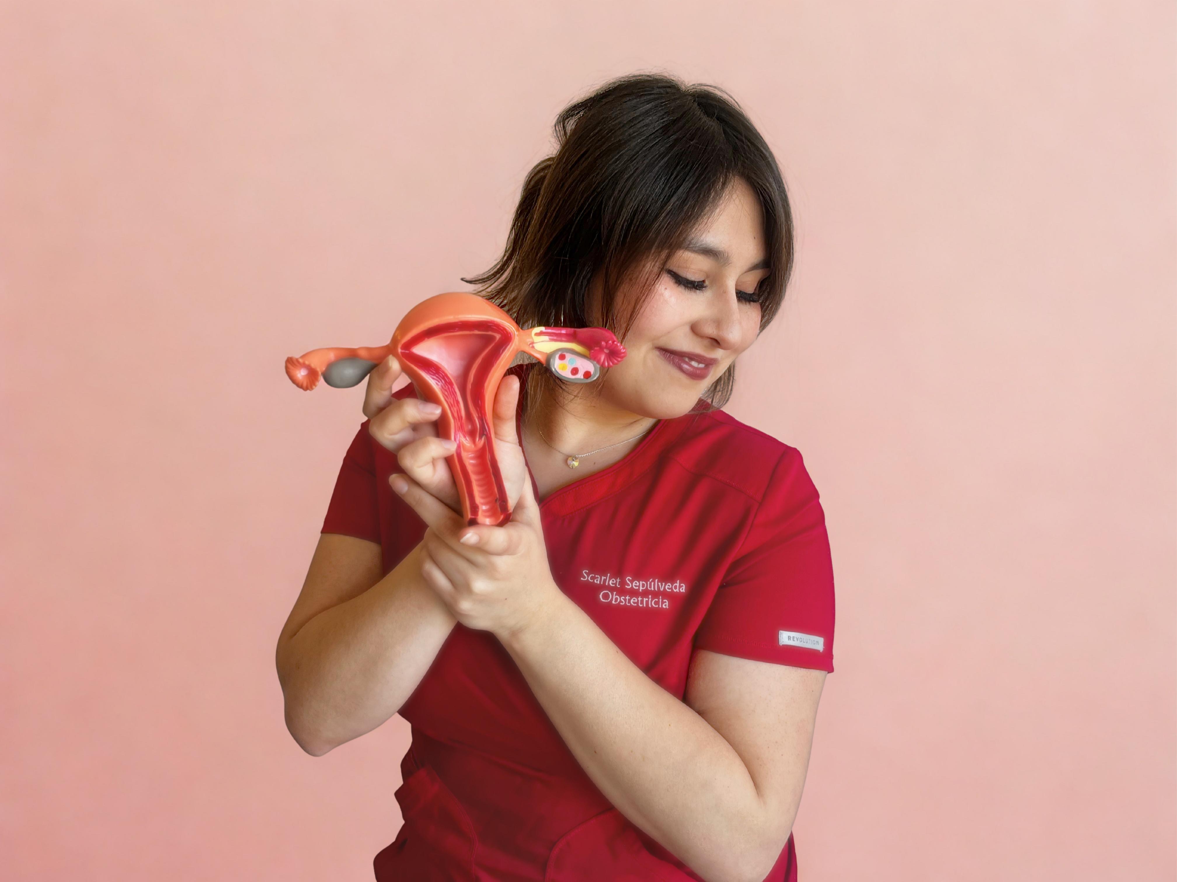 Scarlet Sepúlveda explicando anatomía reproductiva con un modelo clínico