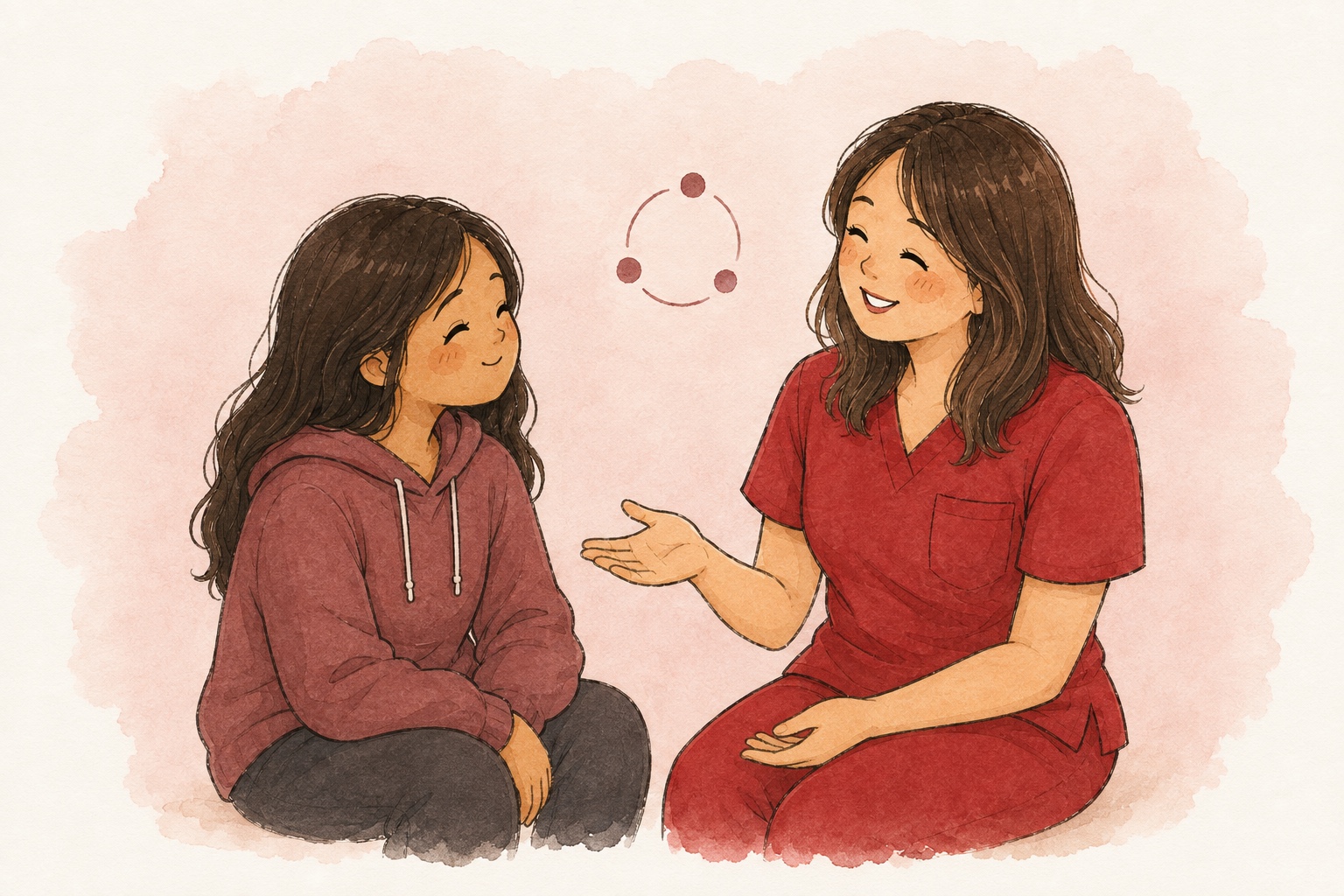 Ilustración de Scarlet conversando con una adolescente sobre salud sexual y menstrual
