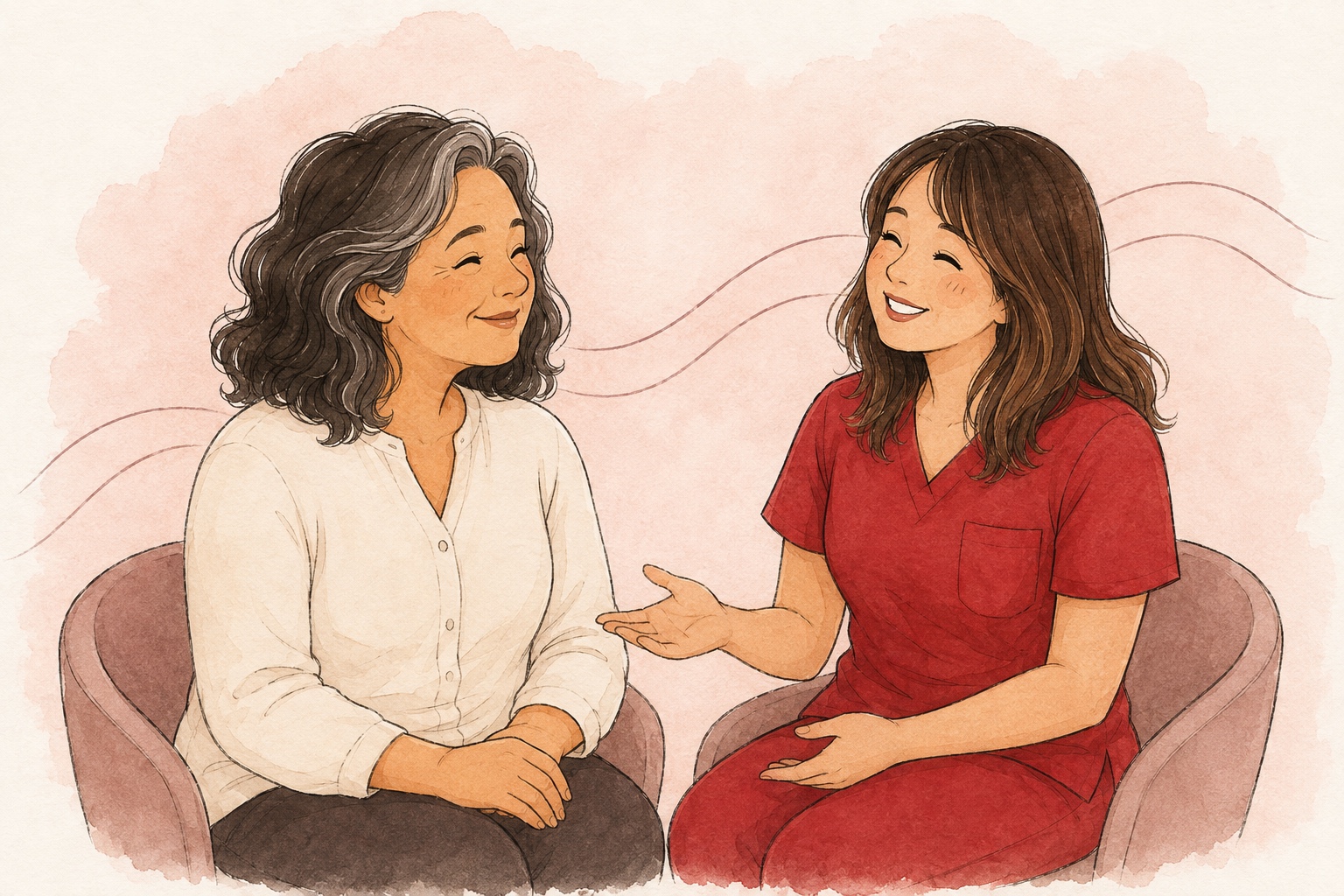 Ilustración de Scarlet conversando con una paciente sobre climaterio y menopausia