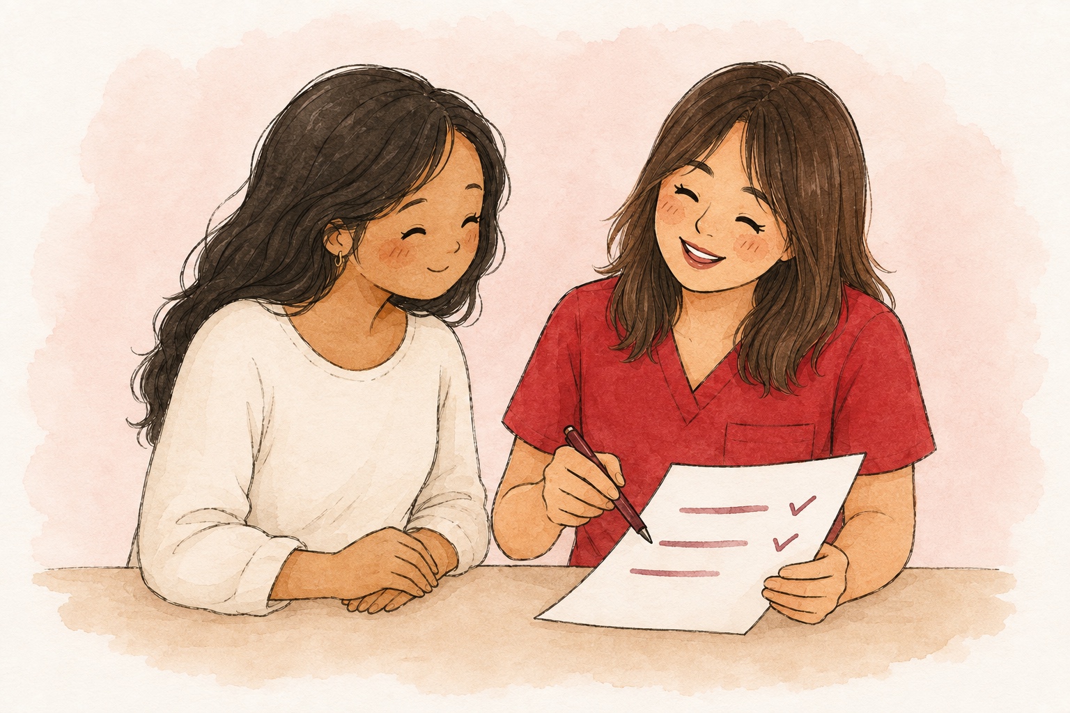 Ilustración de Scarlet revisando resultados de exámenes junto a una paciente