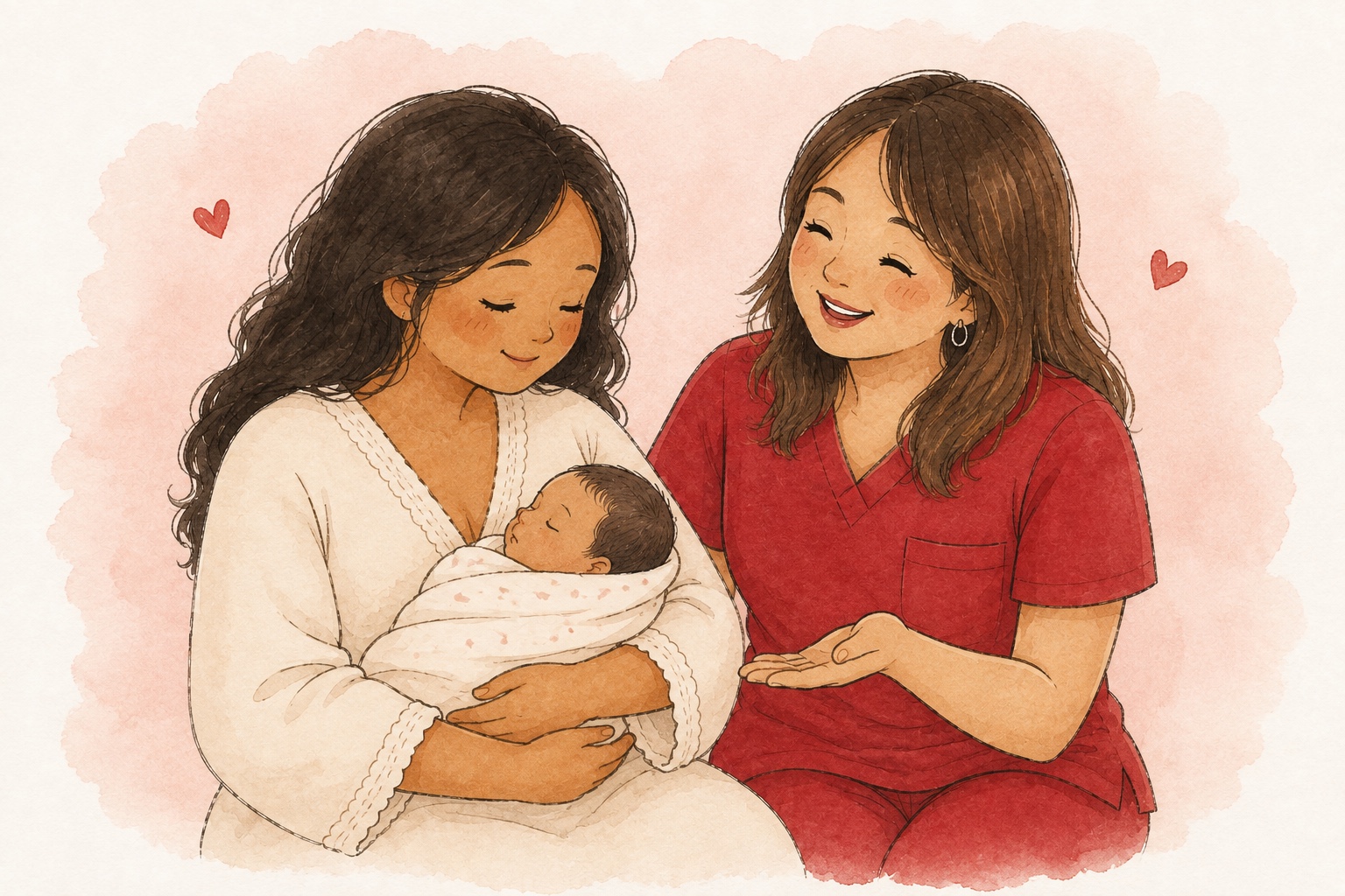 Ilustración de Scarlet acompañando a una madre con su bebé durante el puerperio